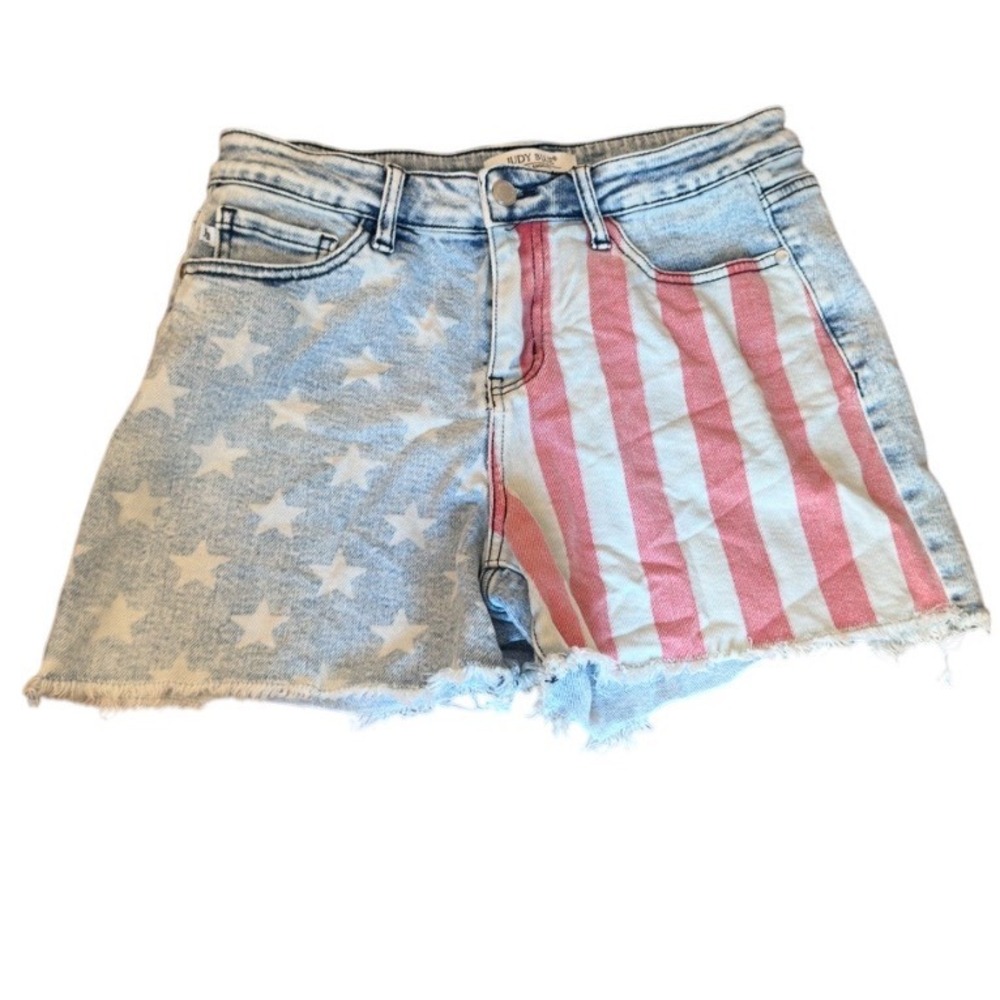 Judy Blue American Flag Denim Shorts Women's Large High Rise Frayed Hem Stretch - Picture 2 of 7